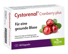 Cystorenal® Cranberry plus unterstützt bei Frauen und Männern gleichermaßen den Erhalt einer gesunden Blase. Es enthält eine besondere Kombination aus Cranberry, Kürbiskern, Vitamin C und Vitamin B2, welches zum Erhalt normaler Schleimhäute beiträ