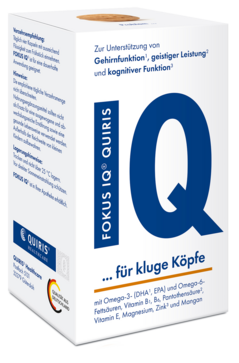 FOKUS IQ<sup>®</sup> ist eine Nährstoffkombination mit Omega-3- und Omega-6-Fettsäuren, Vitaminen und Mineralstoffen zur Unterstützung von Gehirnfunktion (DHA), geistiger Leistung (Pantothensäure) und kognitiver Funktion (Zink).