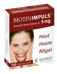 Biotin Impuls® 5 mg ist ein Arzneimittel zur Intensivpflege für schöne Haut, Haare und Nägel. Die hochdosierten Biotin-Tabletten werden vorbeugend zur Kur und zur Therapie eines Biotin-Mangels eingesetzt.
